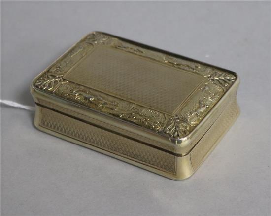 A George III engine turned silver gilt snuff box, decorated with hunting scene, Daniel Hockley, London, 1813, 78mm.